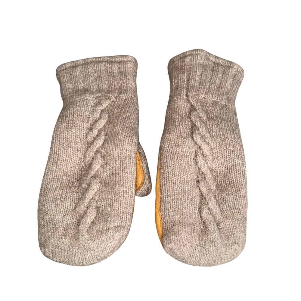 L.L. Bean Mittens Womens Large Taupe Excellent Deerskin Leather Cable Knit‎ Wool